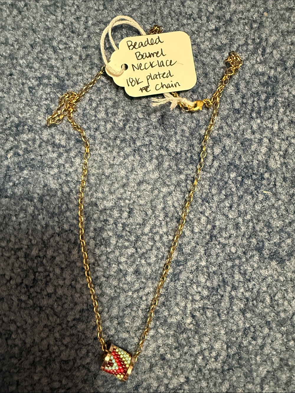 Source Unknown Gold-Tone Beaded Barrel Necklace with Red and Green Accents